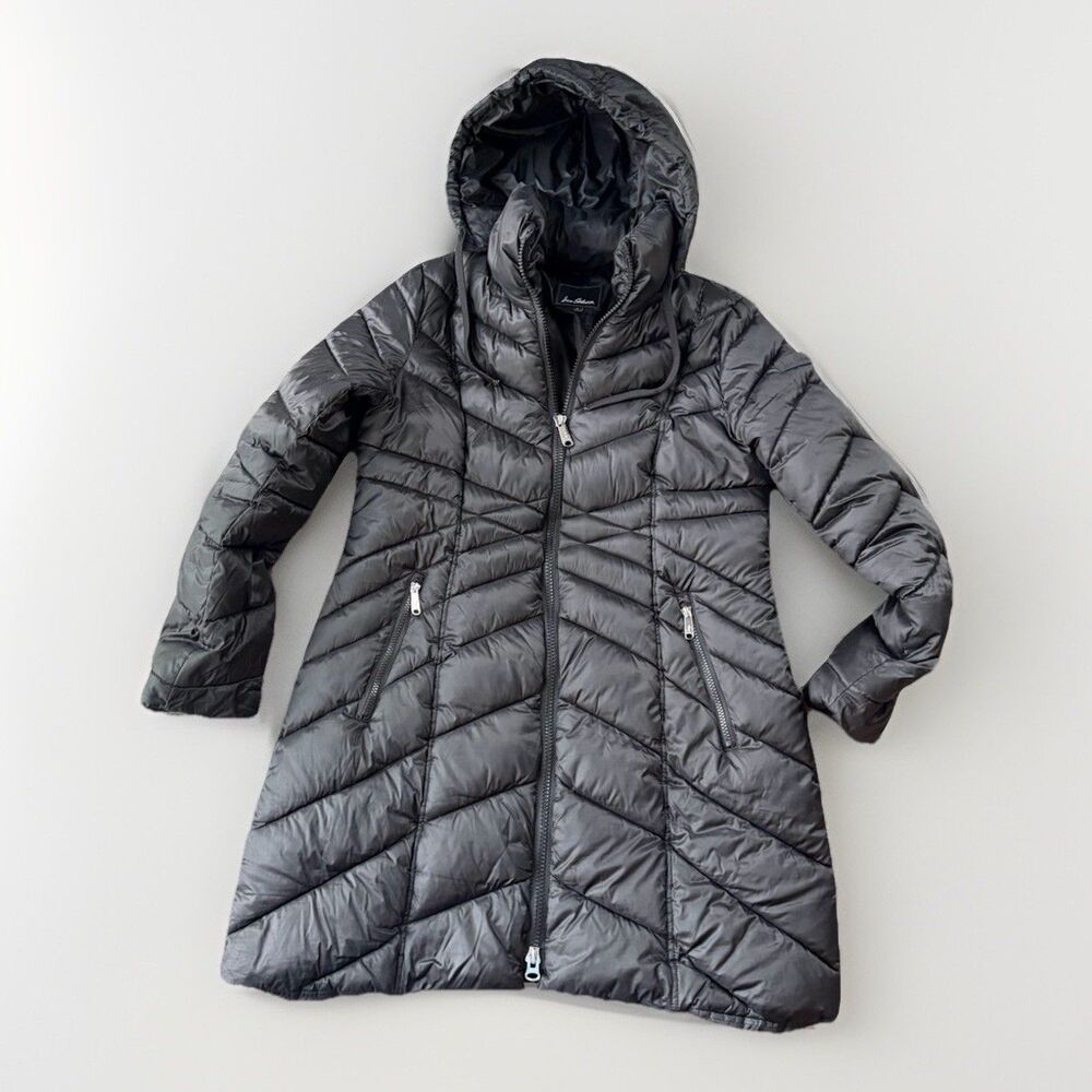 Sam Edelman Women's Size L Black Chevron Quilted Hooded Mid Puffer Coat Jacket